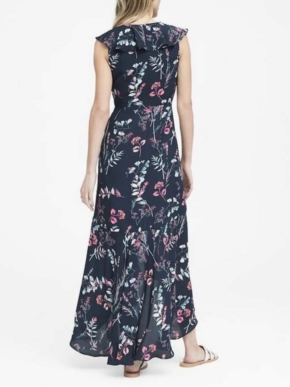 Banana Republic Navy Sleeveless Floral Ruffle Maxi Dress Size 8 - Picture 2 of 12